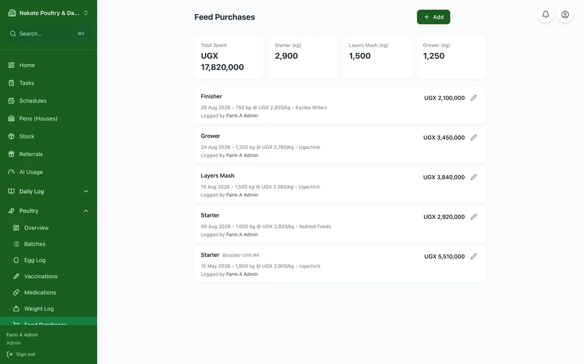 Record a feed purchase in the Famu app