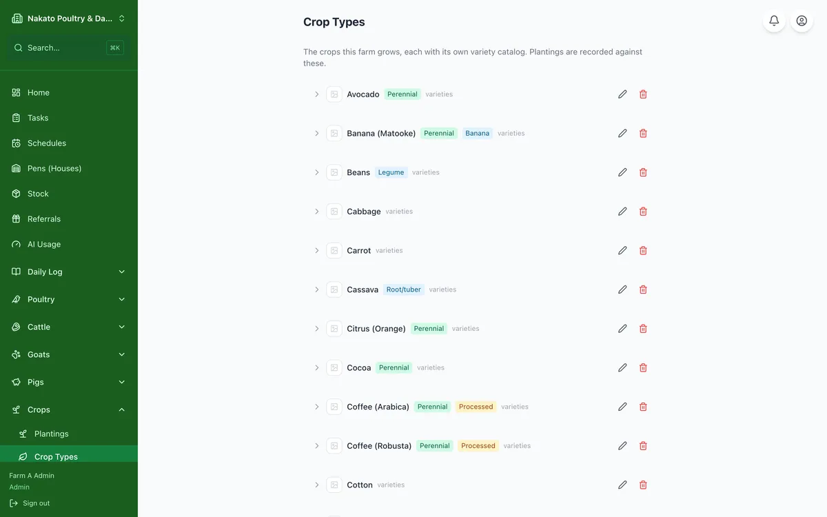 Manage your crop types in the Famu app