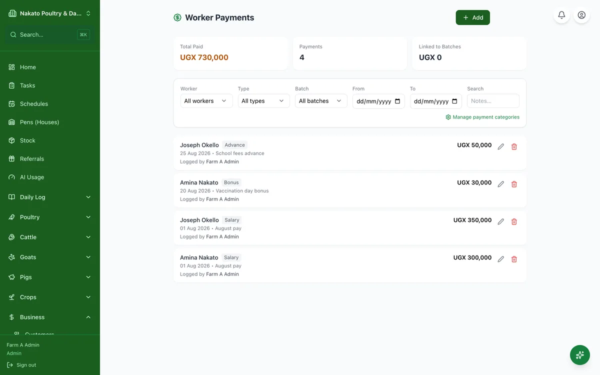 Record a payment to a worker in the Famu app