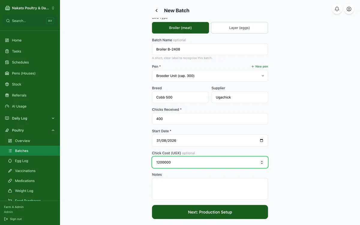 Start a new batch in the Famu app